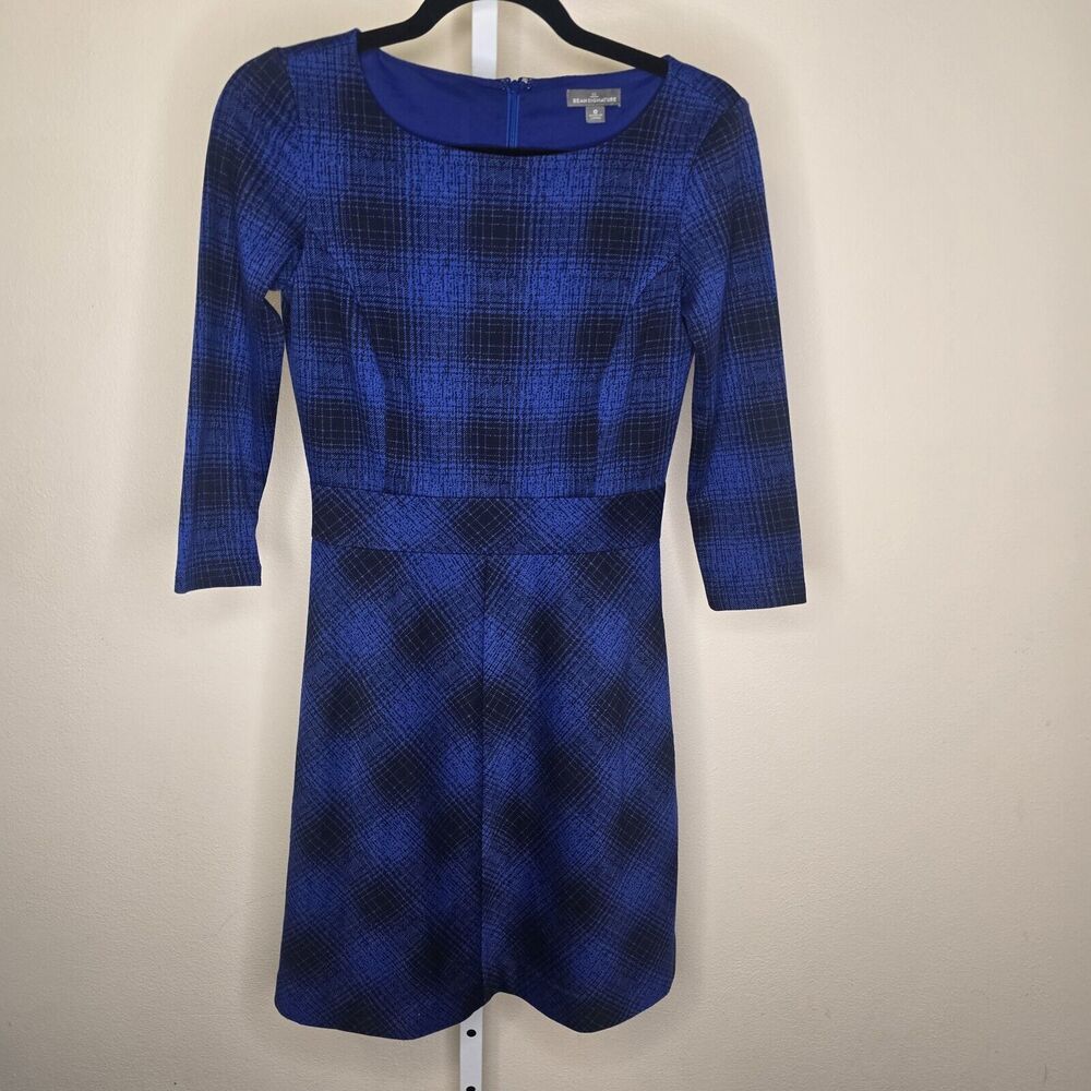 L.L. Bean Signature Fit & Flare Dress 3/4 Sleeve Blue Black Plaid Size 0